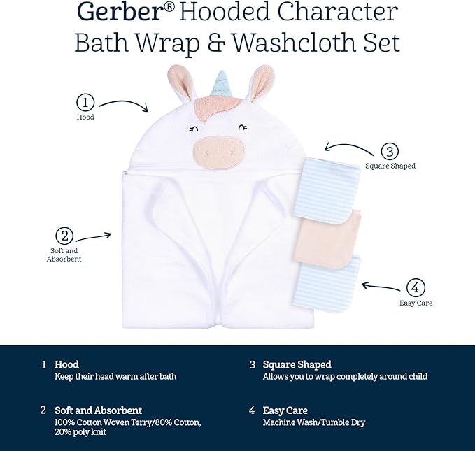 Gerber Baby 4 Piece Animal Character Hooded Towel and Washcloth Set, White Unicorn, One Size