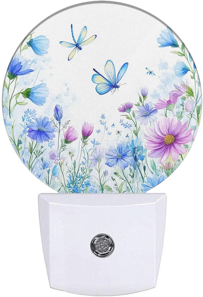 EKOBLA Floral Butterfly Plug-in Nightlights Wildflowers & Butterflies Spring Garden Night Light with Auto Sensor LED Lighting for Kitchen Bedroom Bathroom Home Decor