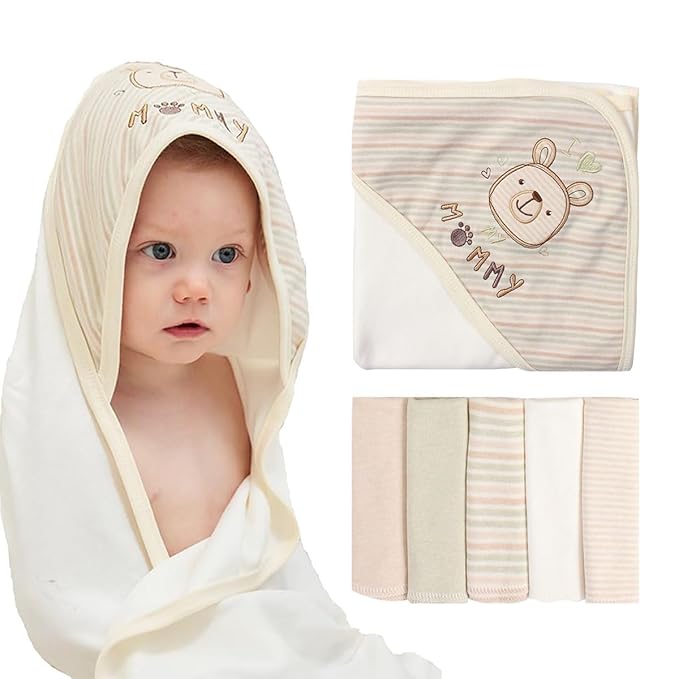 6-Pack Baby Hooded Towel and 5 Washcloths Set, Premium Ultra Soft Reusable 100% Organic Cotton Baby BathTowel, Baby Blanket for Newborns, Infants, Toddlers, Stripes, 30 x 30 Inch