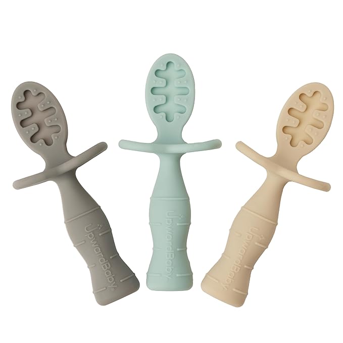 UpwardBaby Silicone Baby Spoons - 3-Pack, Mint/Beige/Grey - Self Feeding 6-12 Months with Anti-Choke Barrier & Textured Grippy Tips - Baby LED Weaning Utensils & Infant Feeding Spoons