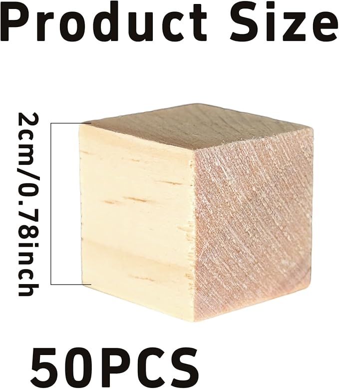 50Pcs 2cm Unfinished Wood Cubes, 0.78” Natural Square Wooden Blocks for Math Counting, Crafts, and DIY Projects