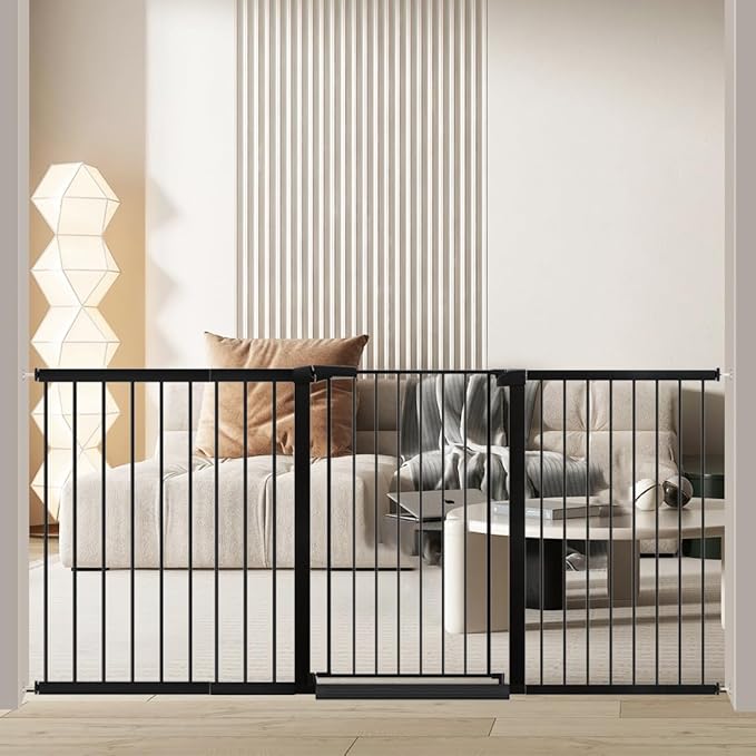 38.5" Extra Tall Dog Gate 76.38"-79.13" Wide - Long Large Pressure Mounted Baby Gates with Door for The House Stairs Doorways - Walk Through Toddler Puppy Pet Safety Fence Gate Black