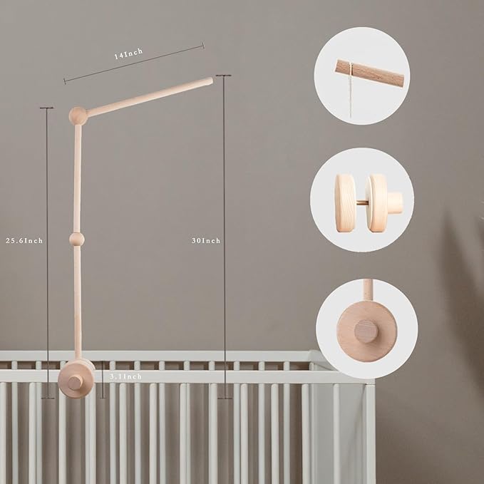 Baby Crib Mobile Arm - 30 Inch Wooden Mobile Hanger for Crib, Baby Mobile Holder for Baby Girls Boys Nursery Decor - with Anti Slip Attachment