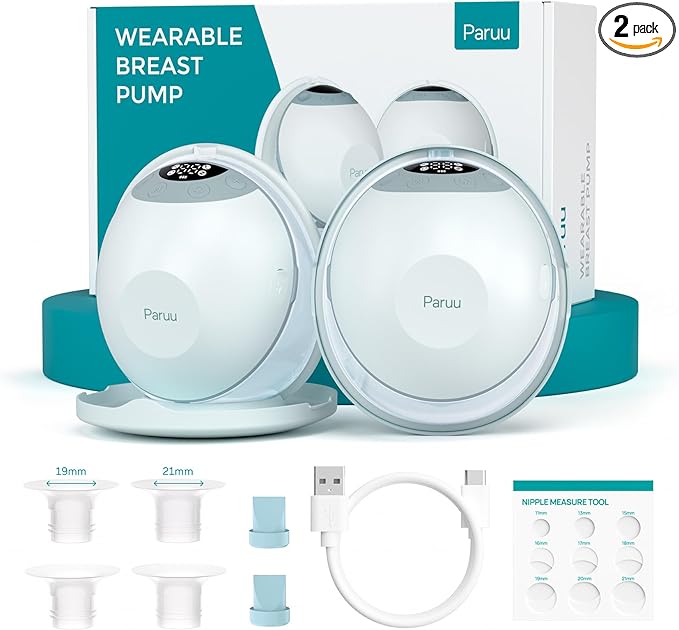 Paruu P20 Electric Breast Pump Hands Free, 4 Modes & 12 Levels Suction with 19/21/24mm Double-Sealed Flange/Insert, Wearable & Portable, Visual Design of Time and Milk Volume (2 Pack, Light Green)