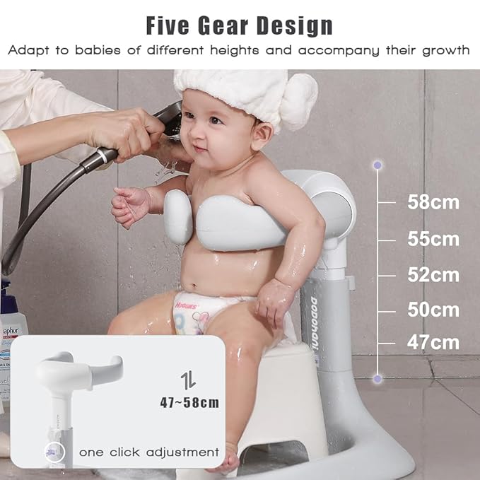 Baby Shower Stand 2025 Upgraded, Baby Bath Support, Shower Standing Support with Adjustable Height and Armrest, Bath Stand with Anti-Skip and Shower Head Holder, Ideal Gift for Infants 6-36 Months
