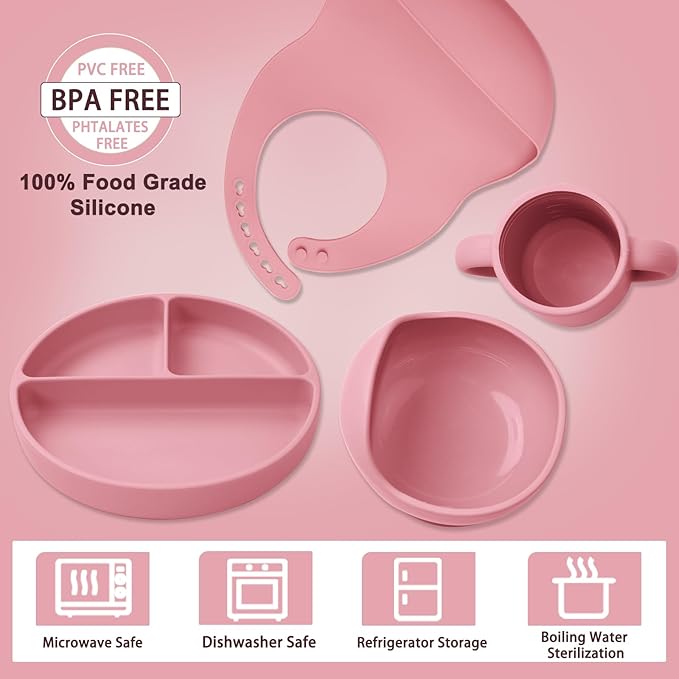 LITTLE RAWR Silicone Baby Feeding Set 14 Pcs,Baby Led Weaning Supplies, Baby Spoons Suction Bowl Divided Plate Bib Cup Finger Brush,First Stage Solid Food Eating Utensils - 6+ Months(Deep Red)