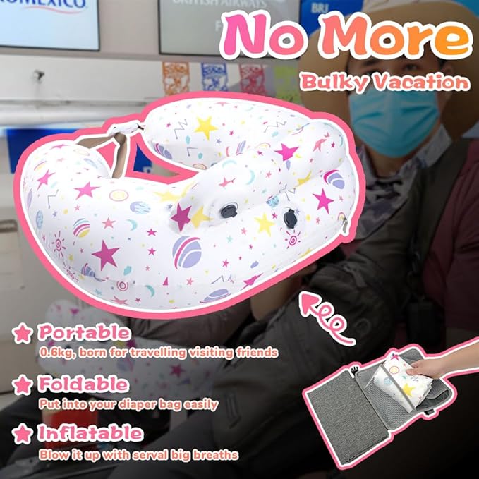 Inflatable Nursing Pillow for Breastfeeding – Travel Baby Feeding Cushion for Mom Support, Adjustable Waist Strap, Removable 100% Cotton Cover – Portable Newborn Essentials