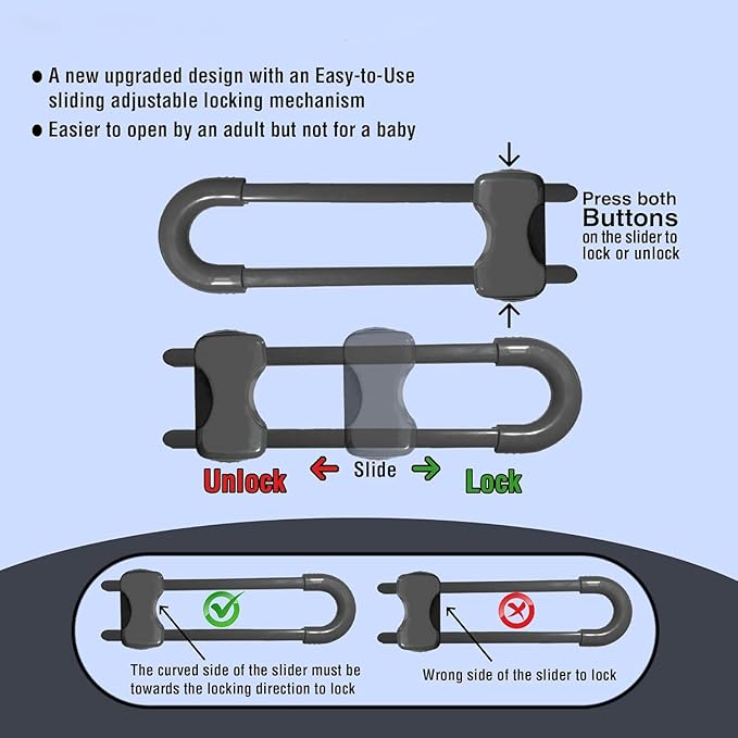 Sliding Cabinet Locks for Babies, Baby Proofing Adjustable U-Shaped Baby Safety Latches for Handles Knobs Drawers, Fridge, Closet, Cupboard, Closet with Secure Lock Buttons,2Pack (Gray)