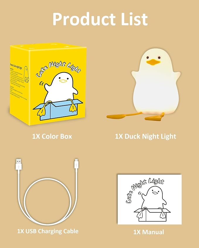 Attivolife Duck Night Light for Kids, Cute Animal Silicone Lamp Touch Control + Dimmable + Timer, USB Rechargeable LED Feeding, Bedside Bedroom Decor Birthday Gifts for Toddler Baby Women