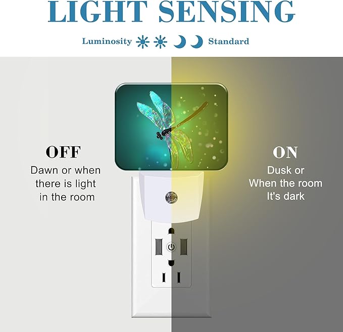 Glass Dragonfly Plug in Night Lights, Green Background Nightlight Plug Into Wall Dusk to Dawn Sensor for Kid Girls Boys Women Men Bedroom, Hallway, Kitchen, Bathroom, Stairs Decor