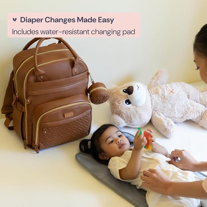BabbleRoo Leather Diaper Bag Backpack - Baby Essentials Travel Baby Bag, Multi function, Waterproof, with Changing Pad, Stroller Straps & Pacifier Case – Unisex, Natural Brown