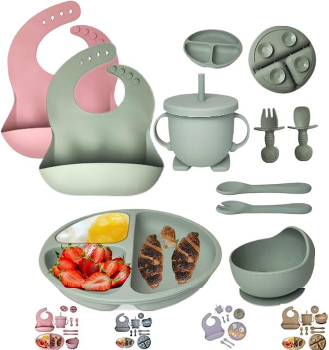 Baby Feeding Set 10-Piece | Baby Led Weaning Utensils Set Includes Suction Bowl and Plate, Baby Spoon and Fork, Sippy Cup, Straw, Lid & 2Bibs | Baby Feeding Supplies (Army Green)