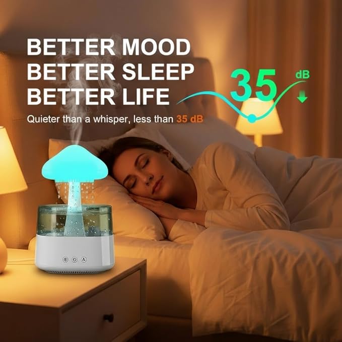 Cloud Rain Humidifier for Bedroom with Soothing Rain Sounds, Water Drip Mushroom Humidifiers 7 Colors Mood Raindrop Air Moisturizer Waterfall Night Light Sleep Aid Diffuser (White Cloud, CH08)