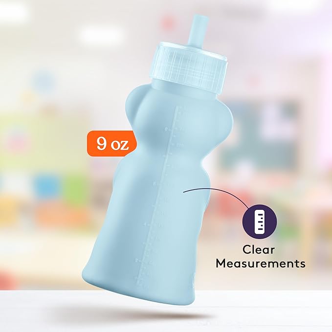 Special Supplies Honey Bear Straw Cup Long Straws, Squeezable Therapy and Special Needs Assistive Drink Container, Spill Proof and Leak Resistant Lid (Pack of 1 Bottle and 3 Straws) (Blue)