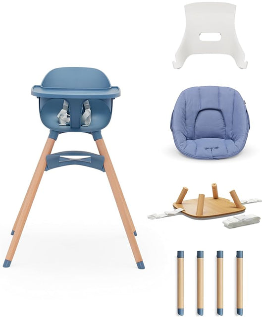 Lalo The 3-in-1 High Chair Kit - Convertible Wooden High Chair for Babies & Toddlers with Infant Support, Cushion, Booster Conversion Kit & Play Legs, Adjustable Footrest - Blueberry