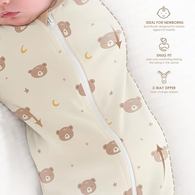 Baby Swaddle 0-2 Months, Cotton Arm-In Zipper Sleep Sack, Wearable Blankets Wrap for Newborn Infant Girls and Boys (Bear, Pack of 1)