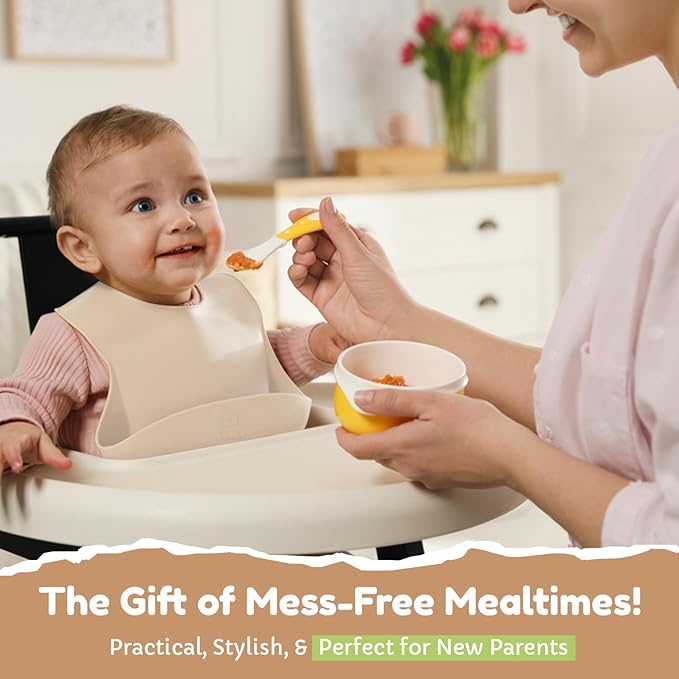 Silicone Bib 2-Pack: Safe, Non-Toxic, Food-Grade. Waterproof, Adjustable Neck Band, Easy-Clean Pouch Catcher.