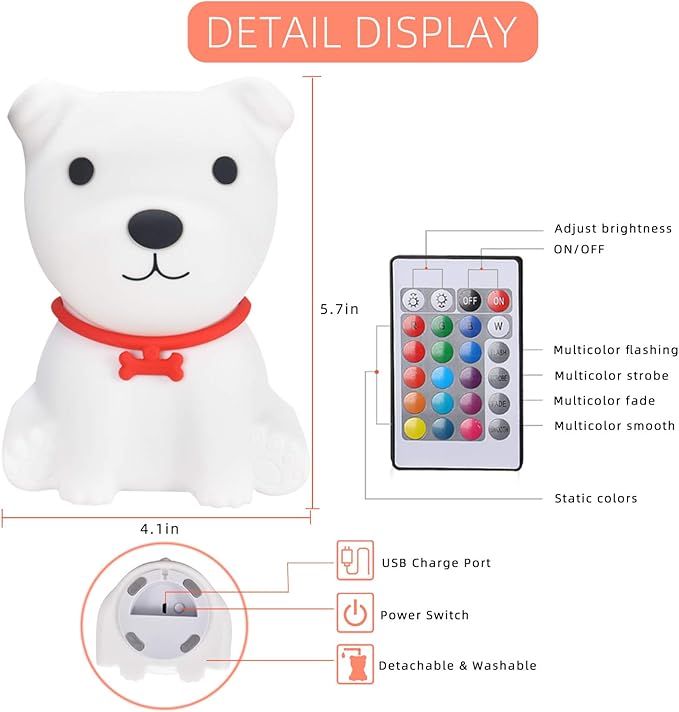 Tremdwoto Dog Night Light for Kids,Cute Colorful Night Light with Remote Baby Girl Squishy Night Lights Lamp Puppy Light Dimmable Nursery Lamp Nightlight Gift for Boys and Girls Kawaii Bedroom Decor