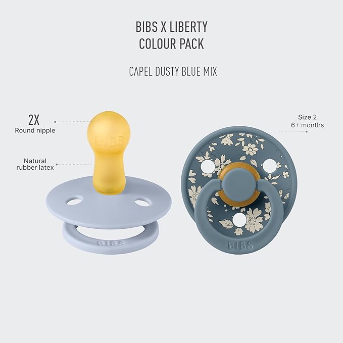 BIBS Colour Liberty Soother 2-Pack, BPA Free Dummy Pacifier, Round Nipple. Natural Rubber Latex, Made in Denmark, Size 2 (6-18 Months), Capel Dusty Blue