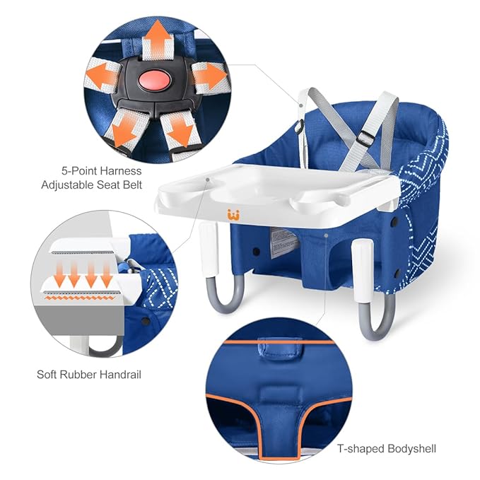 MTWML Hook On High Chair with Tray,Portable Baby High Chair That Attaches to Table,Clip On Fast Table Seat for Babies and Toddlers.Baby Feeding Seat for Dining Tables and Counter(Stripe-Blue)