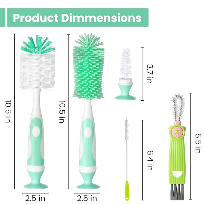 5-in-1 Baby Bottle Brush Set, Bottle Brush for Baby, Bottle Cleaner Brush Set, Including Nylon and Silicone Bottle Brush, Bottle Cap Brush, Straw Brush, Nipple Brush, BPA-Free (Green)