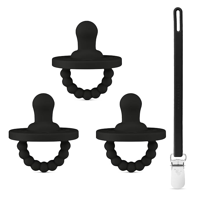 Ryan & Rose Cutie PAT Pacifier Teether 3 Pack and Flex Clip (Flat, Black)