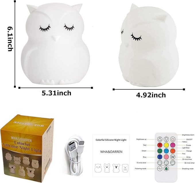 WHA&DARREN Large Owl Night Light for Kids,Cute Baby Night Light, Silicone Bedside Lamp, Sleep Lights, Eye Caring, Adjustable Brightness & Color, Time Setting, Touch+Remote Control
