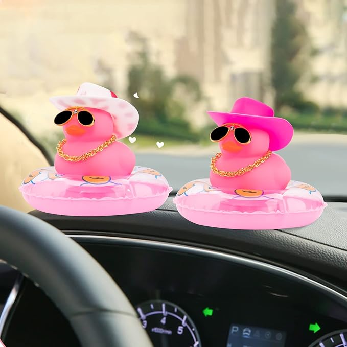 wonuu 2Pcs Car Dashboard Decorations Color Ducks, Rubber Duck for Car Ornament Accessories with Mini Hat Sunglasses Necklace and Swim Ring, A_Pink Duck+Pink Cowboy&Pink Spots Cowboy
