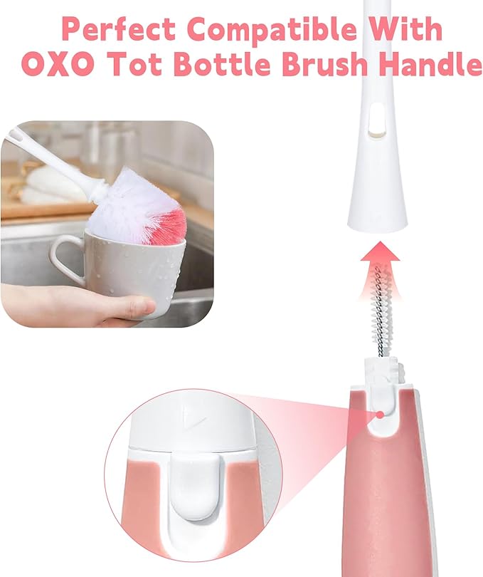 Bottle Brush Replacement Head - Compatible with OXO Bottle Brush. White and Pink (Pack of 2).