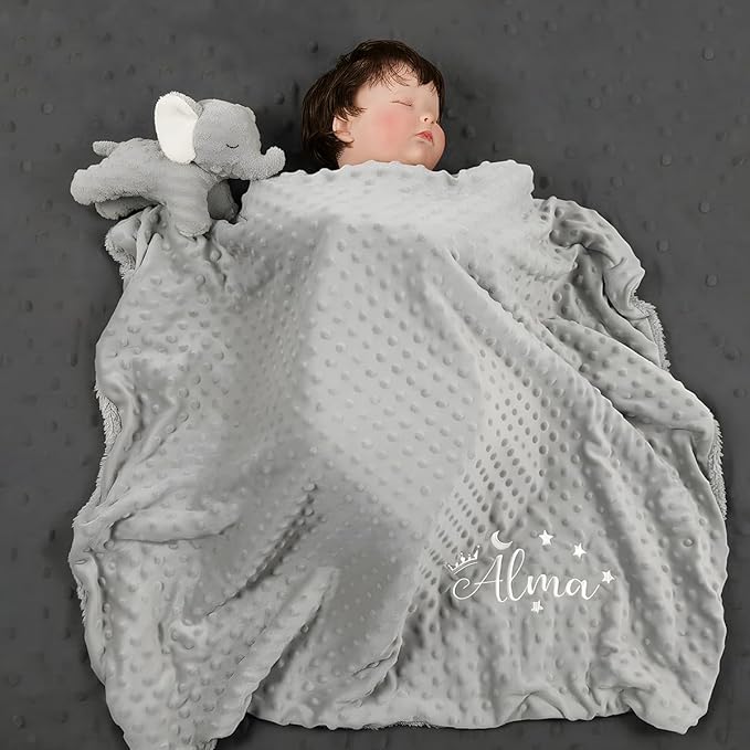 Personalized Baby Blanket, Custom Embroidered Blanket with Name, Newborn Baby Gifts, Customized Baby Nursery Bed Blankets, Soft Minky Fleece Crib Blankets for Toddlers, 27 * 35 inch-Grey
