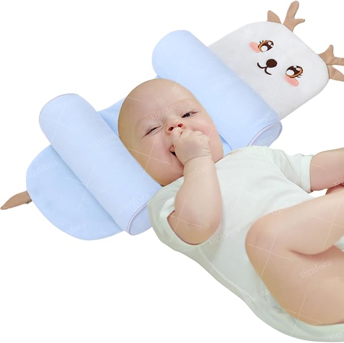 Kariney Baby Pillow, Compariston All-Season Breathable Pillow for Baby Development, Organic Cotton Adjustable Infant Head Cushion (Blue,Deer)