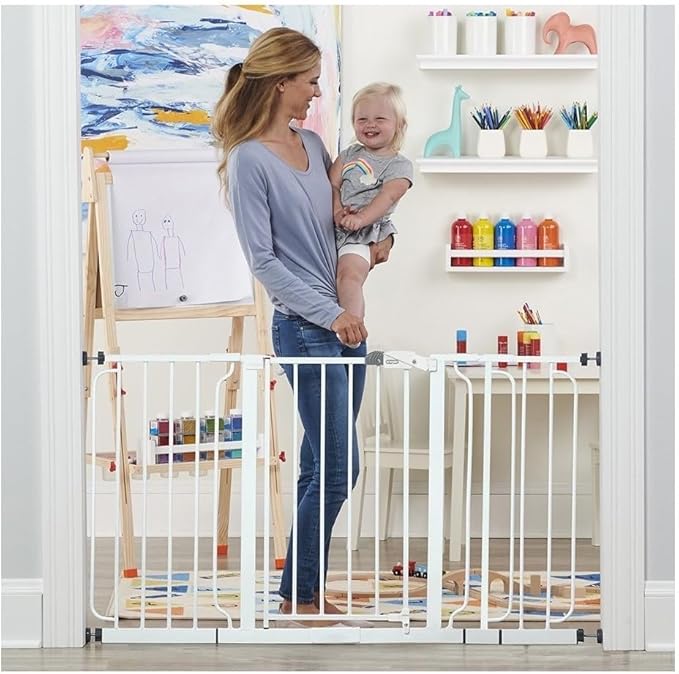 Regalo 56-Inch Extra WideSpan Walk Through Baby Gate, Includes 4-Inch, 8-Inch and 12-Inch Extension, 8 Piece Set - 4 Pack of Pressure Mounts and 4 Pack of Wall Cups and Mounting Kit, White