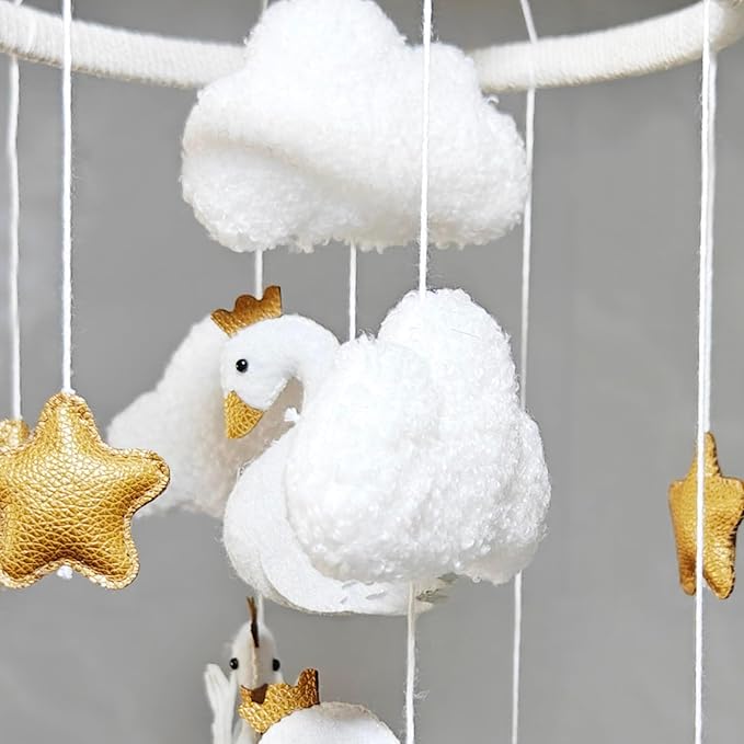 Baby Mobile White Swans with Golden Crowns Felt Clouds Baby Mobile for Crib Boys Girls Neutral Baby Gift Hanging for Nursery Decor Accessories