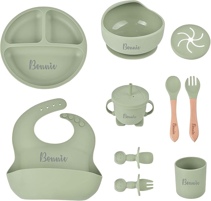 Personalized Silicone Baby Feeding Set with Name, Customized Baby Led Weaning Supplies Self Feeding Eating Utensils with Spoon, Fork, Silicone Suction Bowls, Cup, Plate Army Green