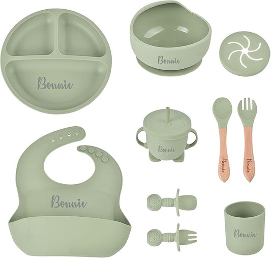 Personalized Silicone Baby Feeding Set with Name, Customized Baby Led Weaning Supplies Self Feeding Eating Utensils with Spoon, Fork, Silicone Suction Bowls, Cup, Plate Army Green