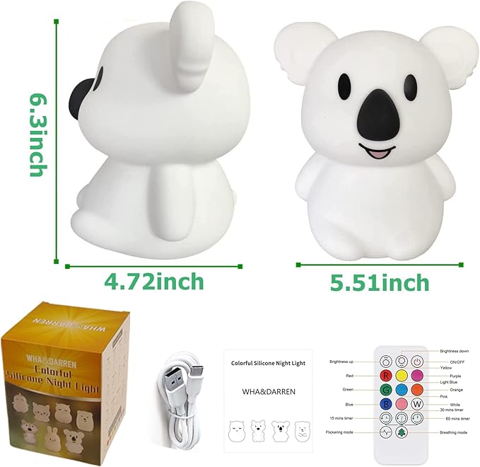 WHA&DARREN Large Koala Night Light for Kids,Cute Baby Lamp, Silicone Bedside Lamp,Portable Night Light for Kids Room, Rechargeable Animal Lights for Girls and Boys