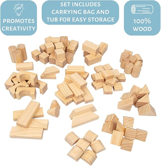 Wooden Blocks Set - 100 Pc Natural Colored Wood Building Block Toys- 100% Real Wood, 14 Different Shapes, Great Gift for Kids or School Project, Hands On Indoor Activity Play- Build, Stack and Create