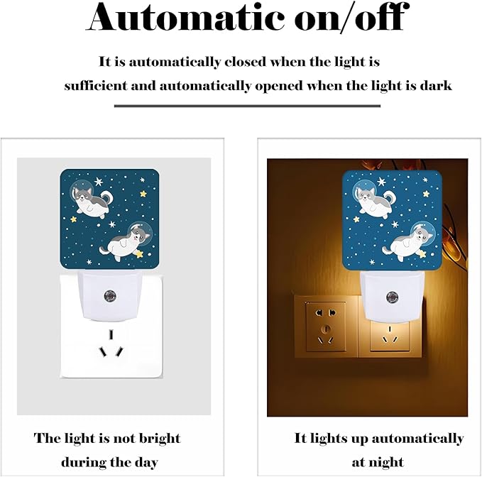 Cute Husky Astronauts on Space Night Light,Plug-in Night Lights with Dusk-to-Dawn Sensor for Stairway,Hallway,Bedroom Sleep Friendly Ideal for Women/Girls/Boys Gift,0.5w