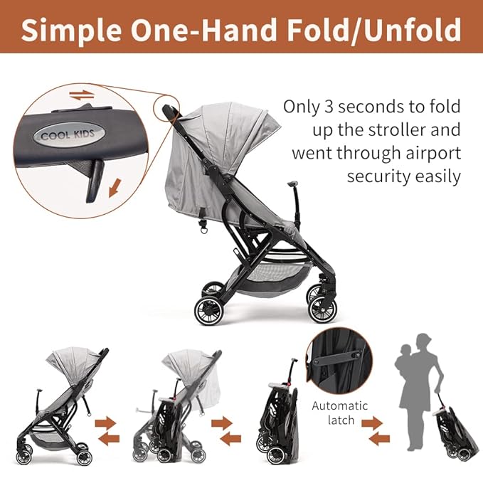 COOL KIDS Portable Stroller with Automatic Fold,Lightweight Umbrella Stroller with Pop Out Sun Canopy for Travel(Gray)