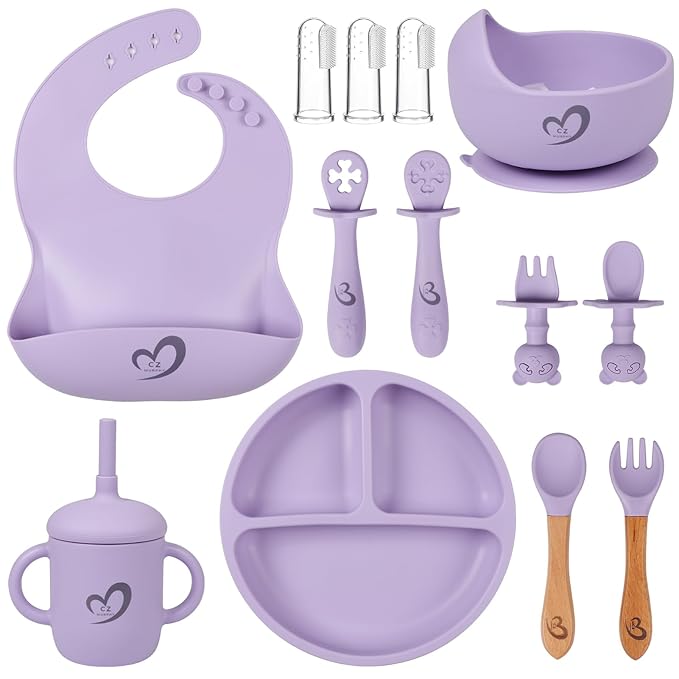 Silicone Baby Feeding Set Essentials,13 Pcs,Baby Led Weaning Supplies, Baby Spoons Suction Bowl Divided Plate Bib Cup Finger Brush,First Stage Solid Food Eating Utensils - 6 Months + (Purple)