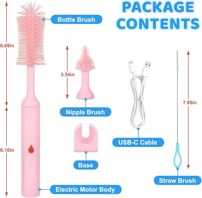 Electric Bottle Brush Cleaner, Bottle Brush Cleaner Baby with Nipple/Straw Cleaner Brush and Replaceable Silicone Bottle Brush, Waterproof Electric Bottle Cleaner, 2 Modes & 360° Rotation, Pink