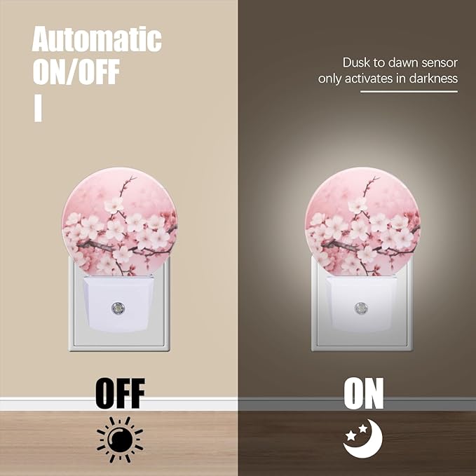 Round LED Night Lights Lamp with Dusk to Dawn Sensor, Delicate Pink Background with Cherry Blossoms Night Light Plug Into Wall for Kids Room, Bedroom, Bathroom, Kitchen, Hallway