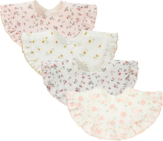 Nishine 4 pcs Unisex Baby Muslin Bandana Drool Bibs 360 Degree Rotatable Cotton Teething Feeding Drooling Bibs for Boy Girl