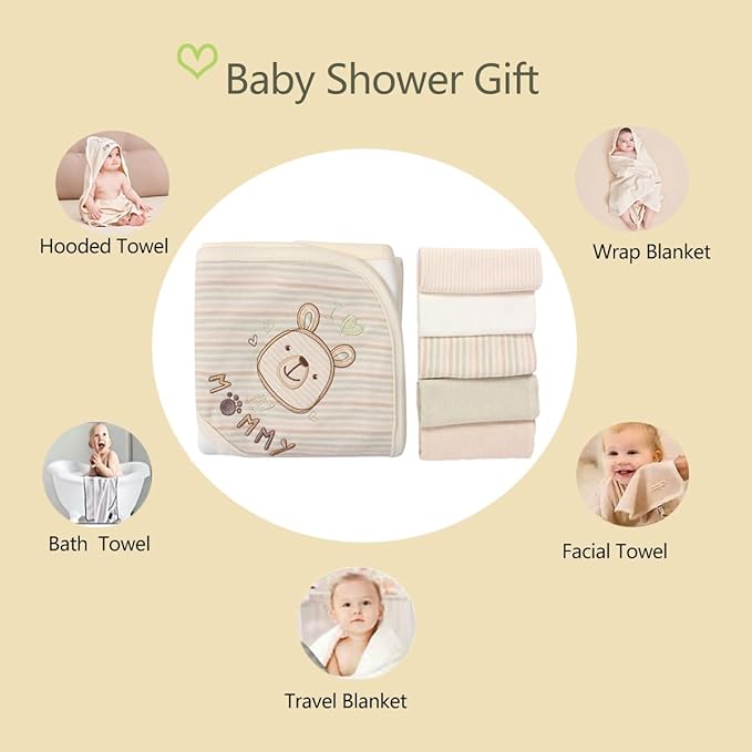 6-Pack Baby Hooded Towel and 5 Washcloths Set, Premium Ultra Soft Reusable 100% Organic Cotton Baby BathTowel, Baby Blanket for Newborns, Infants, Toddlers, Stripes, 30 x 30 Inch