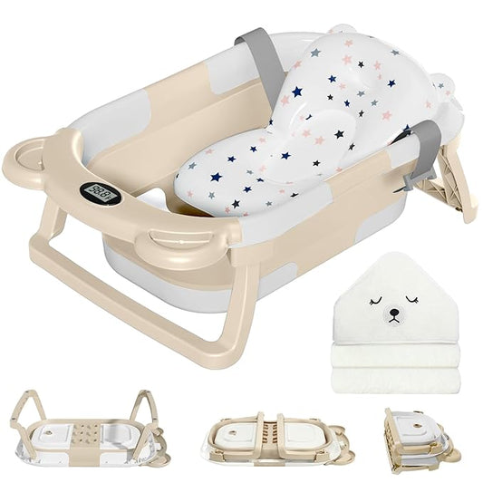 MoreFeel Collapsible Baby Bathtub for Newborn with Thermometer & 1 Hooded Towel & 1 Soft Floating Cushion,Portable Travel Bathtub with Drain Hole, Durable Foldable Baby Tubs for Infants to Toddler