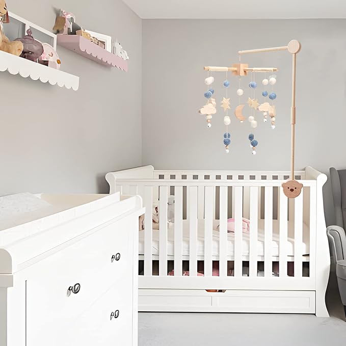 Boho Baby Crib Mobile Decor - Wooden Moon and Stars Nursery Mobiles with Cloud for Bassinet Starry Night Handmade Soft Felt Beads Hanging Wind Chime Toys Pendant for Infant Newborn Boy and Girl