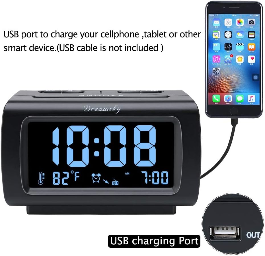 DreamSky Alarm Clock Radios for Bedrooms with Battery Backup, Large Big Numbers with Brightness Dimmer, USB Port, Bedside Digital FM Radio with Sleep Timer, Temperature, Adjustable Volume, Snooze