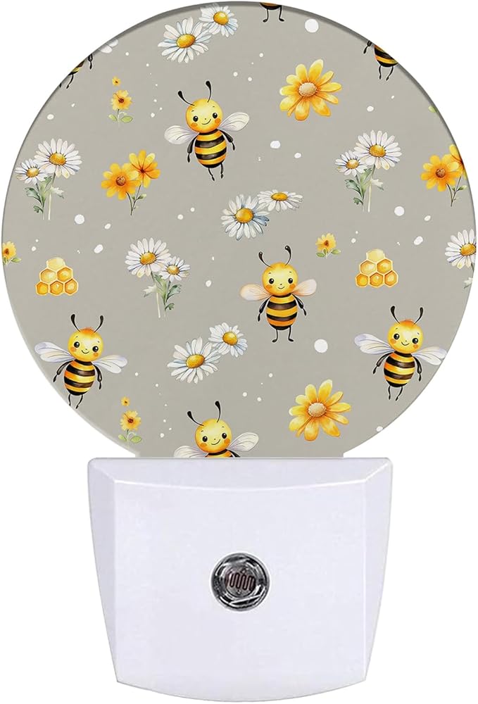 Cute Bee Night Light Daisy Flower Night Lights LED Lamp Round Plug into Wall Nightlight with Dusk to Dawn Sensor Home Hallway Stairway Kitchen Decor