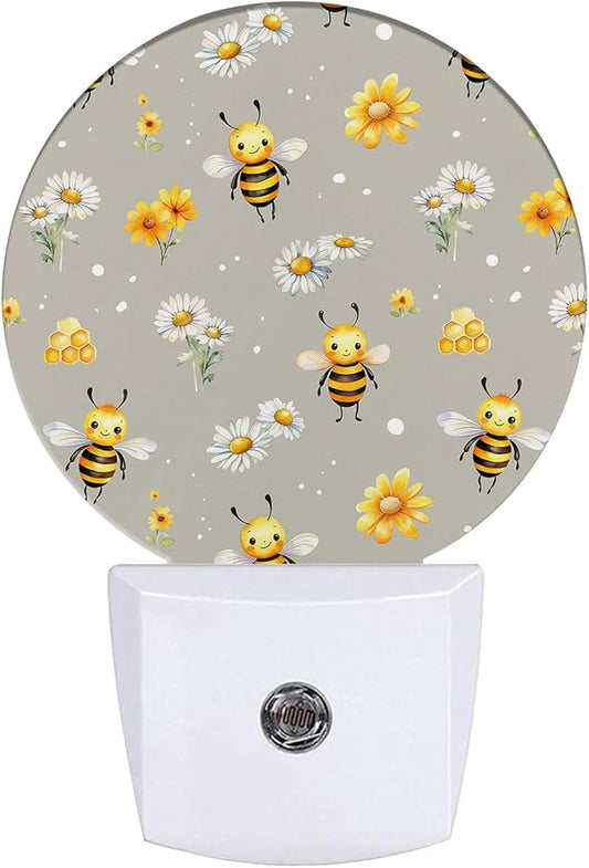 Cute Bee Night Light Daisy Flower Night Lights LED Lamp Round Plug into Wall Nightlight with Dusk to Dawn Sensor Home Hallway Stairway Kitchen Decor