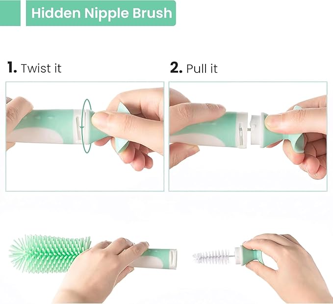 4-in-1 Baby Bottle Brush Set, Bottle Brush Cleaner, Bottle Cleaner Brush Set, Including Nylon Bottle Brush, Bottle Cap Brush, Straw Brush, Nipple Brush, BPA-Free (Green)
